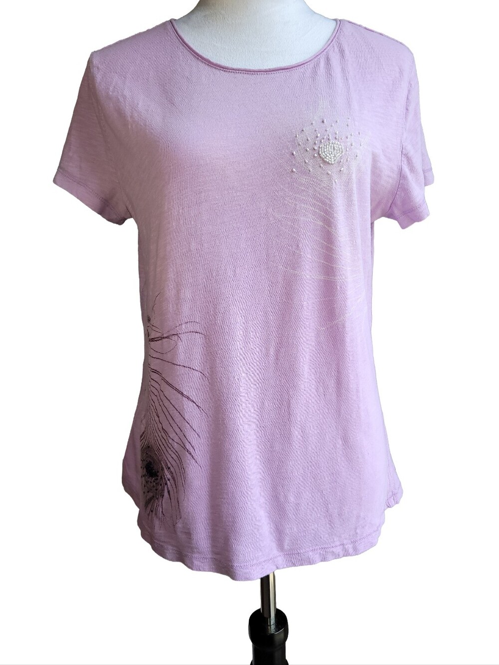 Merona Lavender Purple & White Beaded Peacock Feather T-shirt Size XL